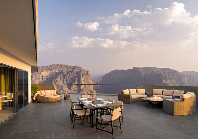 A terrace suite at the hotel with a fireplace.